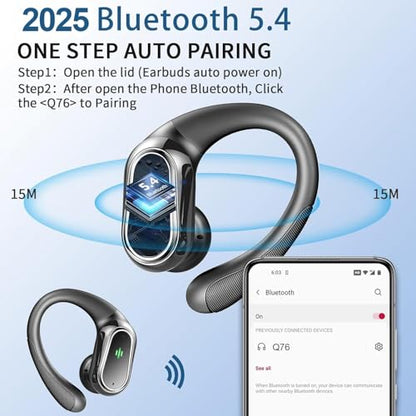 Wireless Earbuds, 2026 Bluetooth 5.4 Headphones Sport, 60Hrs HiFi Stereo Deep Bass Over-Ear buds with ENC Noise Cancelling Mic, IP7 Waterproof & LED Display Earphones with Earhooks for Workout/Running - color: Light Black