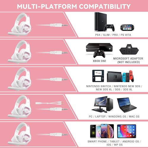 SA726 Stereo Gaming Headset for Xbox One PS4 PS5 Controller, Over Ear Headphone with Mic Noise Cancelling Headset for PC Xbox Series (White Pink) - color: SA726 Pink