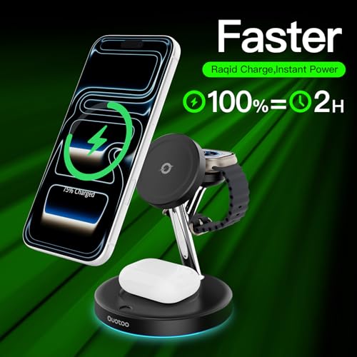 3 in 1 MagSafe Wireless Charger Stand for iPhone Apple Watch AirPods | Adjustable Blue Ambient Light,15W Magnetic Charging Station for iPhone 17 16 15 14 13 12 Series wireless charging station - color: Black