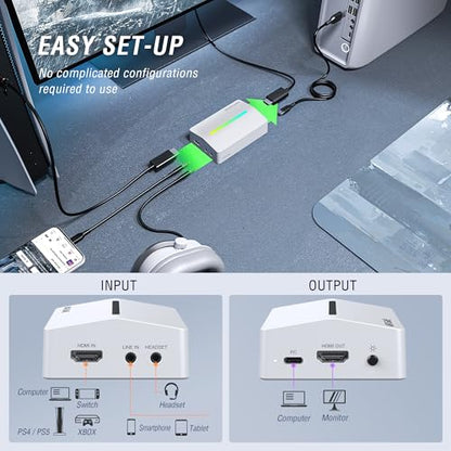 Fifine V3W HDMI Video Capture Card for Gaming, Streaming, Content Creation | 1080p 60fps capture, 4K 30fps HDMI output, Low latency, Vibrant RGB, 3.5mm audio input, for PS5, Switch, Xbox, Windows, macOS - color: White