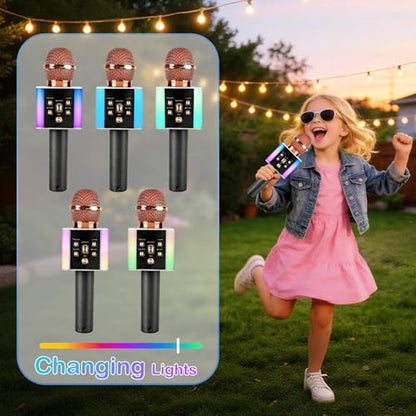 Wireless Bluetooth Karaoke Microphone for Kids & Adults, Singing Mic with Disco Lights, Voice Changer, Built-in Speaker, Portable Karaoke Player for Party & Travel Gifts(Rose Gold) - color: Rose Gold