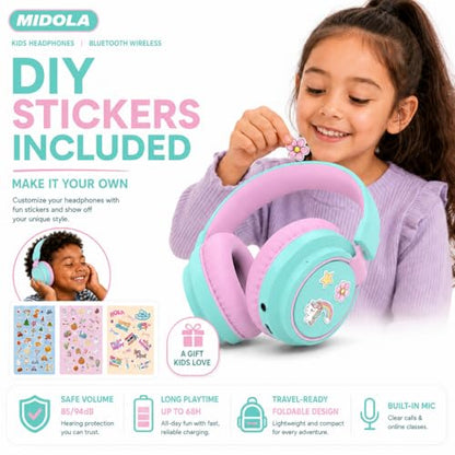 Kids Bluetooth Headphones Wireless 68 Hours,Safe Volume Limit 85/94dB | Adjustable Headband Foldable Over-Ear Lightweight Headsets for Toddler Girls Boys Tablet/iPad,HD Stereo,Built-in Mic,Cyan - color: Cyan