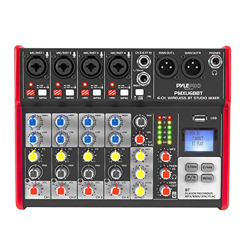 PYLE Studio Audio Sound Mixer Board - 6 Channel Bluetooth Compatible Professional Portable Digital DJ Mixing Console w/ USB Mixer Audio Interface - Mixing Boards For Studio Recording - PMXU68BT