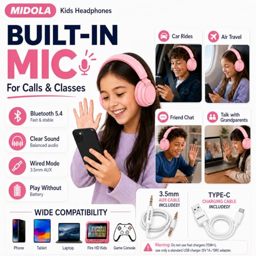 Kids Bluetooth Headphones Wireless 68 Hours,Safe Volume Limit 85/94dB Pink | Adjustable Headband Foldable Over-Ear Lightweight Headsets for Toddler Girls Boys Tablet/iPad,HD Stereo,Built-in Mic - color: Pink
