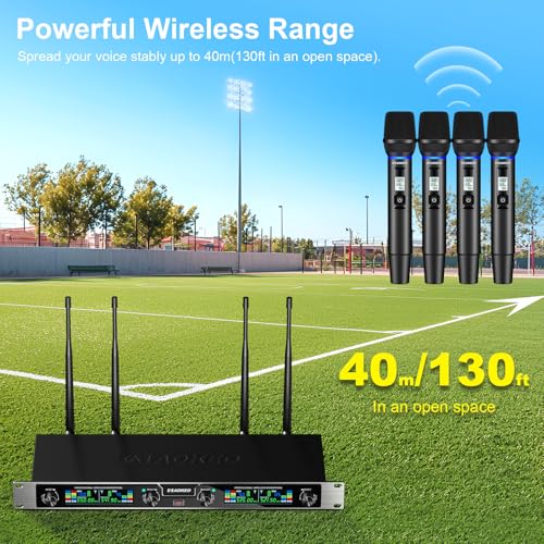 Wireless Microphones System, 4 Channel UHF Wireless Mics,with 4 Handheld Dynamic Microphones,Metal Receiver for Karaoke,Singing,Wedding,Party,Speech - color: Brown