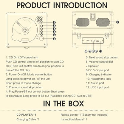 RetroAudio CD Player with Speakers Retro Portable CD Players for Home Music Player with Remote Control,V5.4 Bluetooth in&Out Desktop Suitcase CD Player with AUX in, Headphone Jack,USB Playback，White - color: White