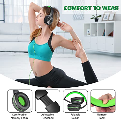 Rydohi Bluetooth Headphones Over Ear, 68H Playtime 3 EQ Music Modes Wireless Headphones with Microphone/Deep Bass, HiFi Stereo Foldable Headset for PC Home Travel Office (Black Green) - color: Black Green