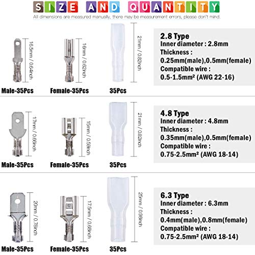 Glarks 315Pcs Quick Splice 2.8mm 4.8mm 6.3mm Male and Female Wire Spade Connector Wire Crimp Terminal Block with Insulating Sleeve Assortment Kit - style: 315Pcs Silver Spade Connector
