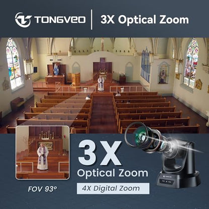 TONGVEO AI Wireless PTZ Camera System with Auto Tracking Built-in Receiver & Bluetooth Speakerphone, 5.8GHz 1080P 60fps Conference Camera with 3X Optical Zoom, for Church Zoom, OBS Meetings - color: black