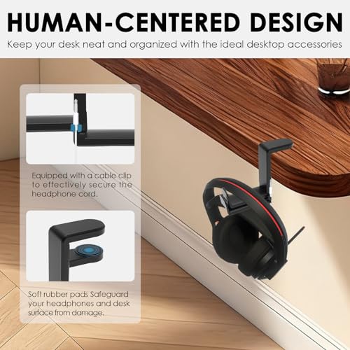Headphone Holder Under Desk, Dual Headphone Stand Hanger 360 Degree Rotating Headset Holder Under Desk, Clamp On Earphone Organizer for 0.35 to 1.65 inch Thick Table