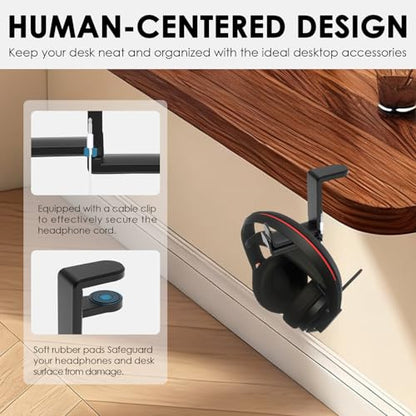 Headphone Holder Under Desk, Dual Headphone Stand Hanger 360 Degree Rotating Headset Holder Under Desk, Clamp On Earphone Organizer for 0.35 to 1.65 inch Thick Table