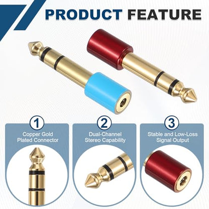 MECCANIXITY 2Pcs TRS 6.35mm Male to 3.5mm Female 1/4" Plug to 1/8" Blue/Red | Stereo Headphone Adapter, Jack, Audio Converter, Pure Copper, Gold Plated, for Guitars Speakers Computers - color: Blue/Red