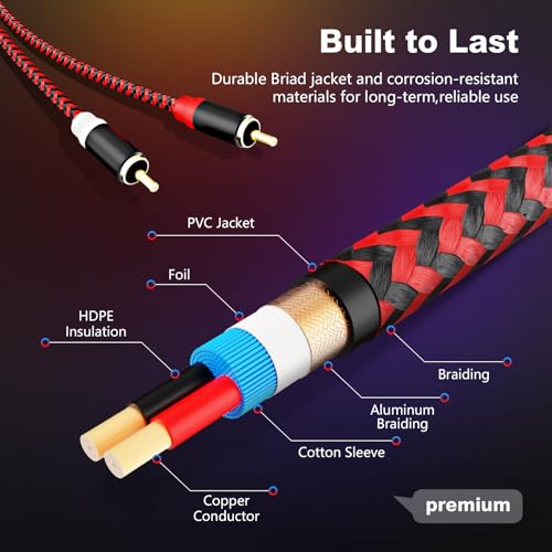 RCA Cable 3Ft,2Rca Male to 2-Rca Male Audio Stereo Subwoofer Cable [Hi-Fi Sound] Nylon-Braided Auxiliary Audio Cord for Home Theater, HDTV, Amplifiers, Hi-Fi Systems,Speakers and etc(3Ft/1M) - size: 3Ft/1M