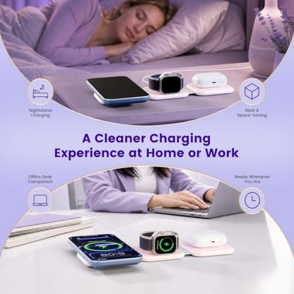 15W Magnetic Travel Charging Station, 3-in-1 Foldable MagSafe Charger | Wireless Charger for Apple Multiple Devices - iPhone Air 17 16 15 14 13 14 Pro Max, Watch & AirPods - Blush Pink - color: Blush Pink
