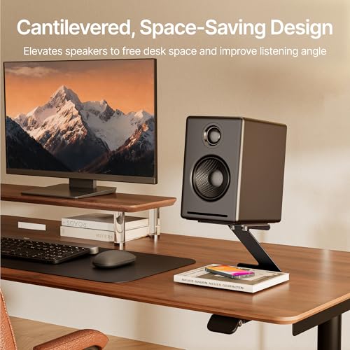 Desktop Speaker Stands, Adjustable Depth 5.5″–7.5″, 1 Pair | 17.6lbs Capacity Each, with Vibration Absorption Pads, Cantilevered Stand for Small & Medium Bookshelf Speakers, Black