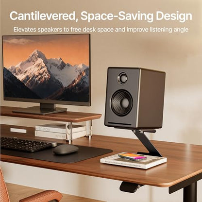 Desktop Speaker Stands, Adjustable Depth 5.5″–7.5″, 1 Pair | 17.6lbs Capacity Each, with Vibration Absorption Pads, Cantilevered Stand for Small & Medium Bookshelf Speakers, Black