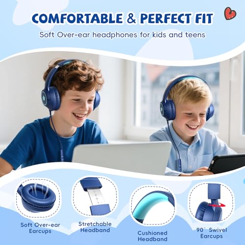 Kids Headphones Wired for School, 3.5mm Safe Volume Limited with Mic, Navy - color: Navy Blue