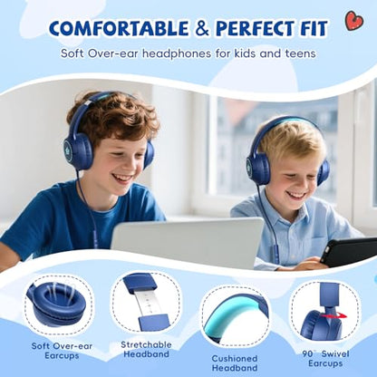 Kids Headphones Wired for School, 3.5mm Safe Volume Limited with Mic, Navy - color: Navy Blue