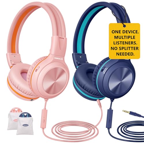 SIMOLIO 2 Pack Wired Headphones with Share Port, Foldable Headset with MIC | Manyshare Series, Durable for Teen Girls Boys, Over Ear Headset w/ Volume Limited for Tablet PC Chromebook School Travel Gift - color: Pink & Deep Blue 3.5mm