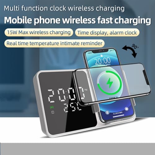 IHAO Multifunctional Alarm Clock with Wireless Charging for Phone 15W Fast Charger Large LED Display Temperature Phone Bracket for Bedside & Desk-W5 White - color: Wireless Charger Alarm Clock W5 White