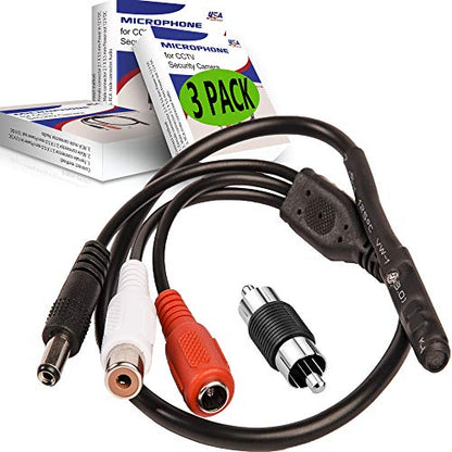 CCTV Microphone with Preamp, RCA Audio Out, 12V DC — Adjustable Gain — for DVR/NVR & IP Cameras (3Pack) - size: 3 Pack