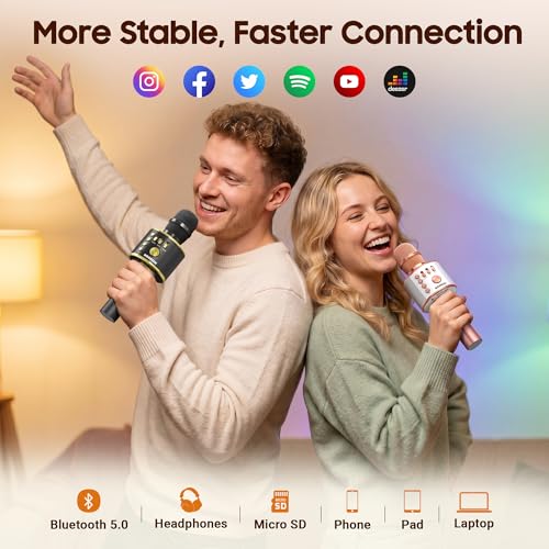 BONAOK Wireless Bluetooth Karaoke Microphone, 3-in-1 Portable Handheld Mic Speaker Machine for All Smartphones, Gifts to Girls Boys Kids Adults All Age Q37(Black Gold) - color: Black Gold