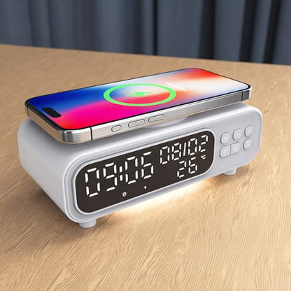 IHAO 5in1 Alarm Clock with Wireless Charging Night Light 15W Fast Charger for Phone and Headphone, LED Digital Display with Date & Temperature, Dimmable for Bedroom & Office-D15 Clock White - color: Wireless Charger Alarm Clock D15 Clock White