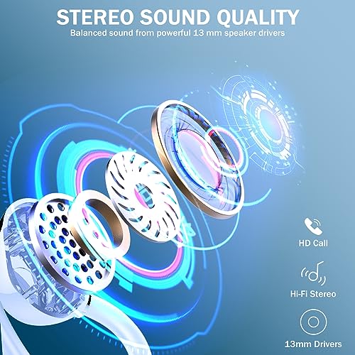 Wireless Earbuds Sport, 2025 Bluetooth 5.3 Headphones Bass Hi-Fi Stereo Over Ear Buds, 48Hrs Noise Cancelling Headset with Earhook, IP7 Waterproof Earphones Workout Running for Laptop Pad Android iOS - color: L-Blue
