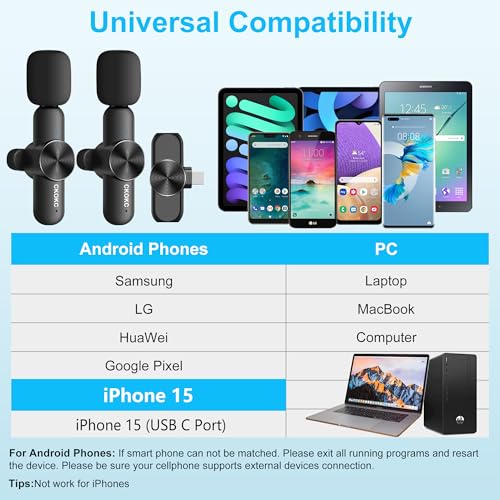 Wireless Microphones for iPhone 15 - Android Phone & Computer/Laptop, Mini Professional Wireless Lavalier Microphone for Video Recording Podcast Cordless Lapel Mic with USB C