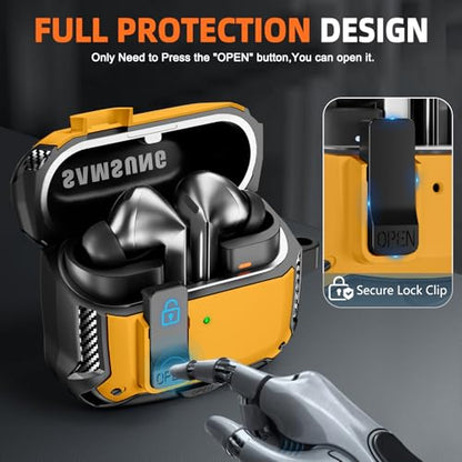 Safety Lock Case for Samsung Galaxy Buds3 FE/Pro/3 (Yellow) | Compatible with MagSafe, with Phone Stand& Cleaning kit,Keychain, - color: A-A-B-Yellow