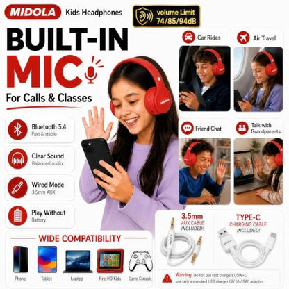 MIDOLA Kids Headphones Bluetooth 5.3 Wireless 60H Play Time Volume Limit 85/110dB Over Ear Foldable Protection Headset/Wired AUX Cord Mic for Children Boy Girl Travel School Phone Pad Tablet Red | Adjustable Headband Foldable Over-Ear Lightweight Headsets