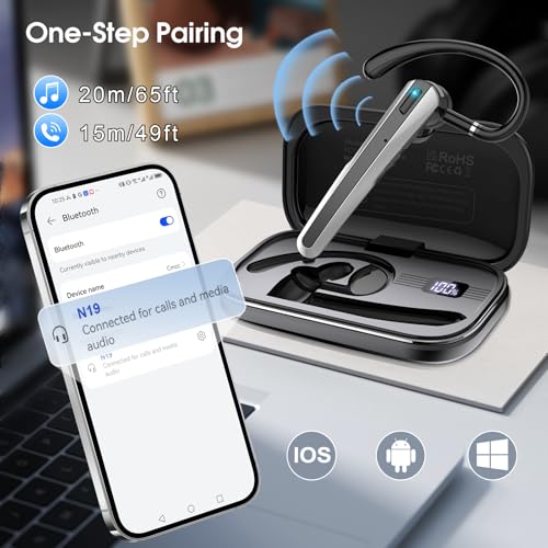 Bluetooth Headset V5.3, Wireless Headset with ENC Noise Canceling Mic | 120Hrs Talk Single-Ear Bluetooth Earpiece, LED Display, IP7 Waterproof Hand-Free Earphone for Business/Trucker/Driver - color: Mysterious Black