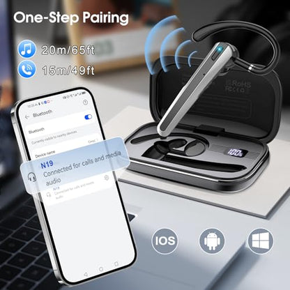 Bluetooth Headset V5.3, Wireless Headset with ENC Noise Canceling Mic | 120Hrs Talk Single-Ear Bluetooth Earpiece, LED Display, IP7 Waterproof Hand-Free Earphone for Business/Trucker/Driver - color: Mysterious Black