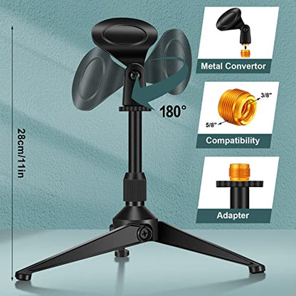 3 Pack Desktop Mic Stand Portable Foldable Tripod with Mic Clip Holder Adjustable Height Tabletop Microphone Stand 5/8 Inch Male to 3/8 Inch for Dynamic Recording Podcast
