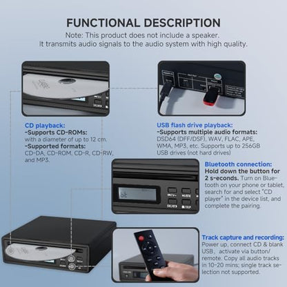 Portable Bluetooth CD Player for Home CD Ripper Hi-Fi Audio CD Player Desktop CD Players Optical and AUX Output，Lossless Sound Quality (Black) - color: Black