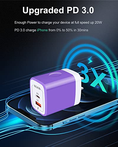USB C Wall Charger, 20W PD + QC3.0 USBC Charger Block Super Fast Power Adapter - color: Purple