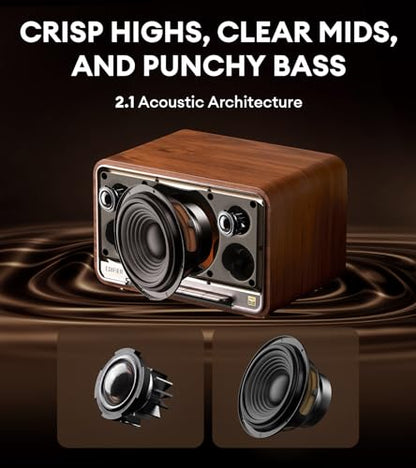 Edifier D32 Retro Wooden Tabletop Wireless Speaker AirPlay2, Brown | 60W RMS, Dual Hi-Res, Bluetooth5.3, Hi-Res Audio, ALAC, LDAC, 11H Battery, DSP Crossover, MDF Retro Cabinet, USB-C, AUX Input - color: Brown