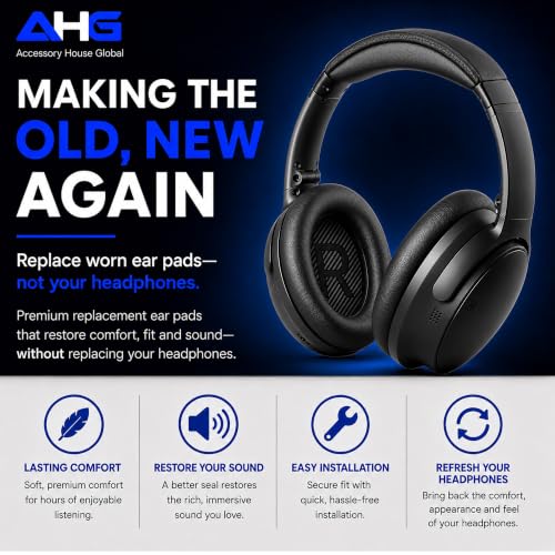AHG QC45 Ear Pads Compatible with Bose QuietComfort 45 35 QC35 II QCSC QCSE | Easy DIY Fit | Premium Protein Leather | Extra Thick | Soft High-Density Foam - color: Black