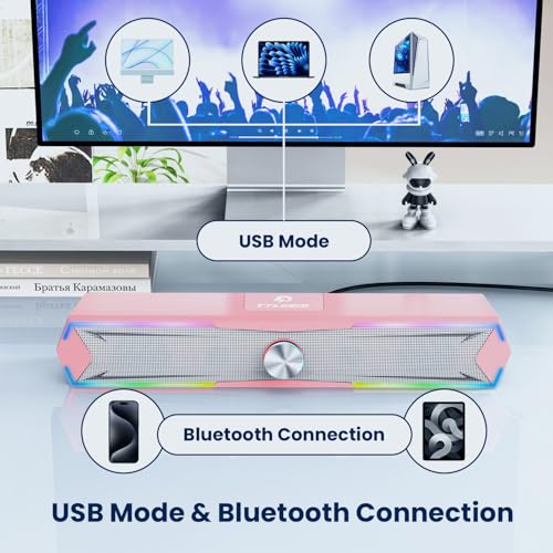Tylubio Computer Speakers for Pc Desktop with Clear Sound, Flowing LED PC Speaker for Computer Desktop Laptop Monitor, Bluetooth & USB Input - Pink