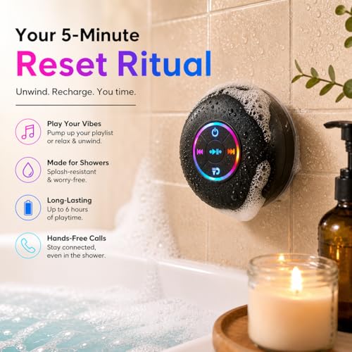 Bluetooth Shower Speaker with LED – Portable Wireless Mini Speaker with Mic & Suction Cup, IPX4 Water Resistant for Shower, Travel, Pool, River Floating, and Outdoor Fun (Black) - color: Black