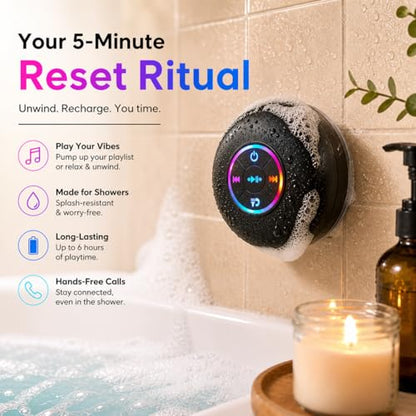 Bluetooth Shower Speaker with LED – Portable Wireless Mini Speaker with Mic & Suction Cup, IPX4 Water Resistant for Shower, Travel, Pool, River Floating, and Outdoor Fun (Black) - color: Black