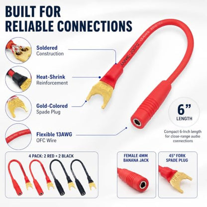 Sam&Johnny Gold Plated 45 Degree Spade Plugs to 4mm Female Banana Jack Speaker Wire for Speakers and Amplifier, Soldered Construction, 4 Pack of 3 Inch, RED/ BLACK - style: Spade, Banana