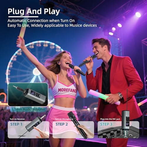 Wireless Karaoke Microphone, Dual Handheld Mic with 2.4G Dual Signal Chip, 260FT Range, 40H Rechargeable Battery, DSP Noise Cancelling, 99 Channels for Singing, Party, Church