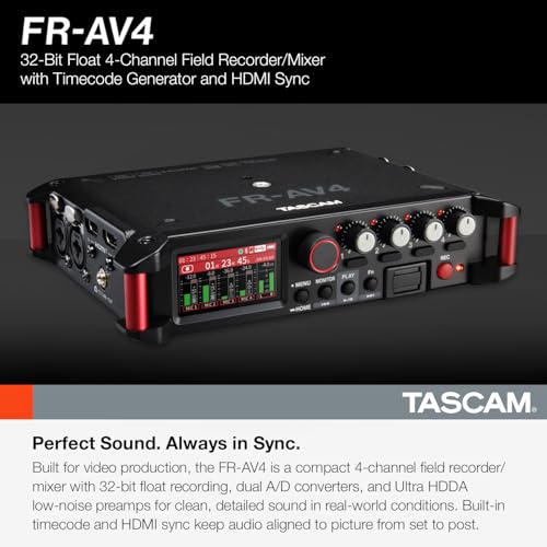 TASCAM FR-AV4 4-Channel 32-Bit Float Field Recorder with Mixer for Camera Rigs, 4 XLR/TRS Inputs, Timecode Generator, HDMI Sync, 192kHz, USB-C Audio Interface