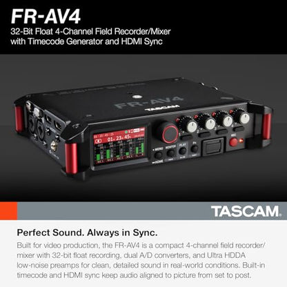 TASCAM FR-AV4 4-Channel 32-Bit Float Field Recorder with Mixer for Camera Rigs, 4 XLR/TRS Inputs, Timecode Generator, HDMI Sync, 192kHz, USB-C Audio Interface