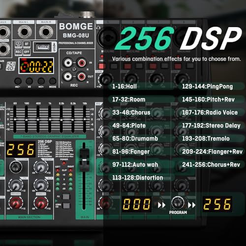 BOMGE Professional Audio Mixer Sound Board Console Desk System- Interface 8 Channel USB Bluetooth MP3 Computer Input 48V Phantom Power Stereo DJ Studio FX 256Bit DSP, for Professional and Beginners
