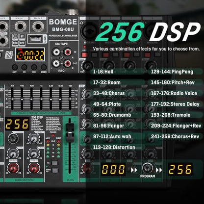 BOMGE Professional Audio Mixer Sound Board Console Desk System- Interface 8 Channel USB Bluetooth MP3 Computer Input 48V Phantom Power Stereo DJ Studio FX 256Bit DSP, for Professional and Beginners