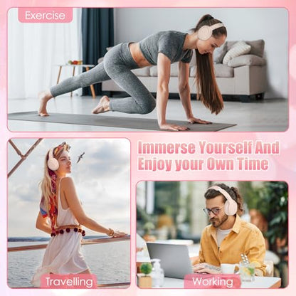 Active Noise Cancelling Headphones, Over-Ear Headphones Pink | Wireless Blutooth Headphones with100H Playtime, Built-in Microphone, Lightweight & Foldable, Deep Bass for Work/Gym/Travel - color: Pink