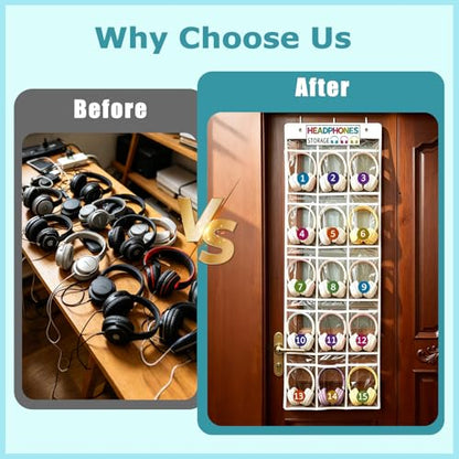 2 Pack Clear PVC Classroom Headphone Storage Organizer - 30 Pocket Over-the-Door Hanging Holder Bag for Headphones/Cell Phones, Includes 62 Labels
