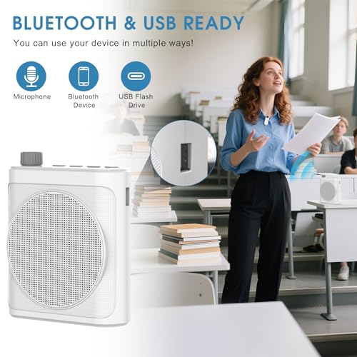 15W Wireless Voice Amplifier for Teachers, Dual Magnetic Lavalier Mics with Noise Reduction, Portable Bluetooth 5.3 PA System for Tour Guide Yoga, 15H Battery Waist-Mount Speaker, 98FT Range (White) - color: White